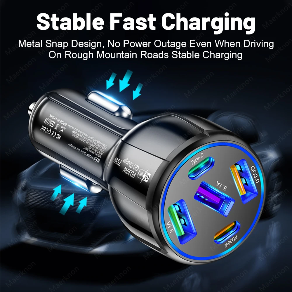 5 Ports USB Car Charger 75W PD Type C Fast Charging Charger In Car For iPhone Sa