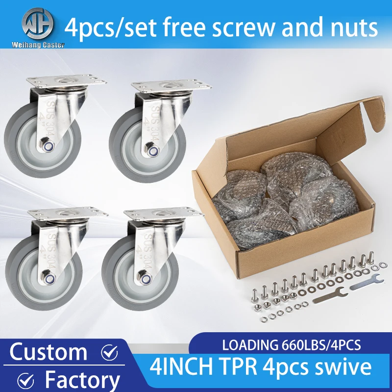 4 inch Middle duty 4pcs/set Stainless Steel 304 Casters Wheels for Trolley Cart ,Thermo-plasticrubber wheel with bearings