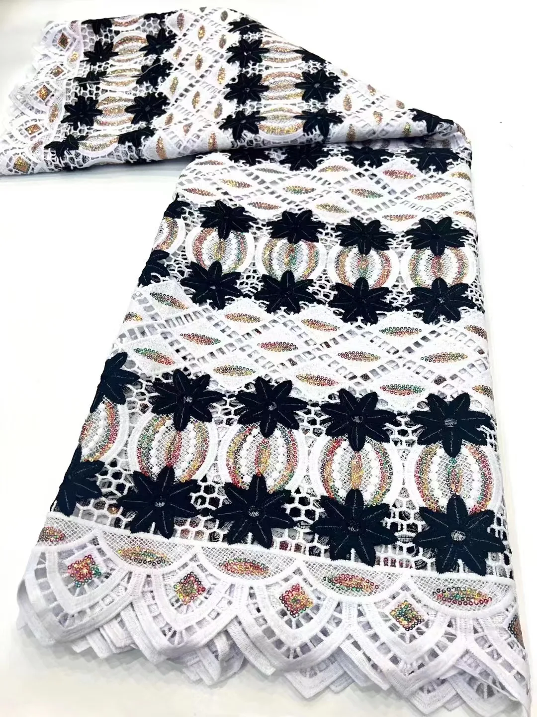 

African Nigerian white Black Cord Lace Fabric Stones Lace Fabric French Lace Fabric For Nigerian Wedding Party