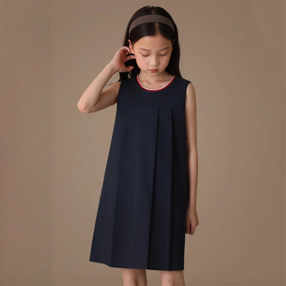 

Summer Girls Sleeveless Pleated Round Neck Dress Casual Button Back Dresses Casual Jumper A Line Dress Kids Sundress for Party