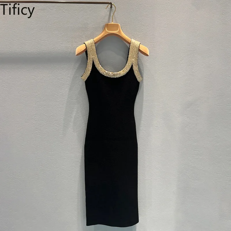 

TIFICY 2024 Spring and Summer Women's New Black Slim Strap Wearing A-line Skirt Strap Dress Female