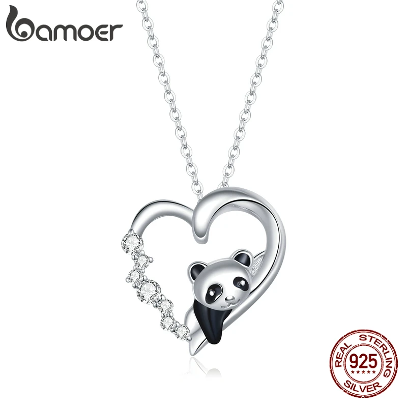Bamoer 925 Sterling Silver Baby Panda Crystal Collana Smalto Cute Animal Charm Chain Link Per Le Donne Regalo 17.71 ''Scn453