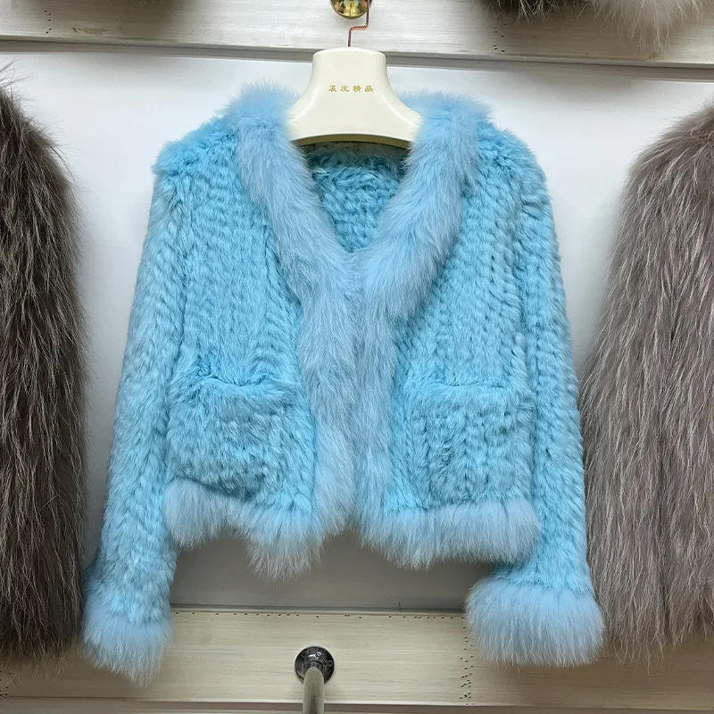 

2024 Winter Short Knitted Real Rabbit Fur Coat With Fox Fur Trim Warm Female Blue Genuine Fur Jacket With Pocket