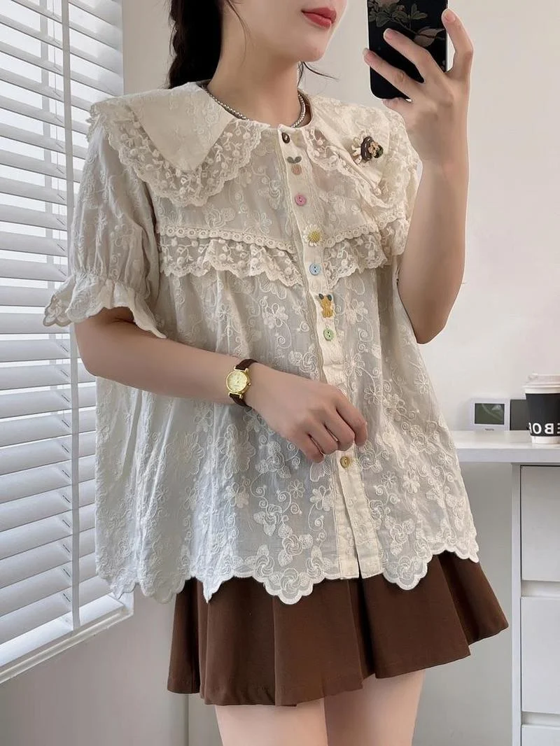 

Блузка женская кружевная в стиле пэчворк, милая рубашка с коротким рукавом, Топ В Стиле Лолита, бежевая шикарная одежда, лето