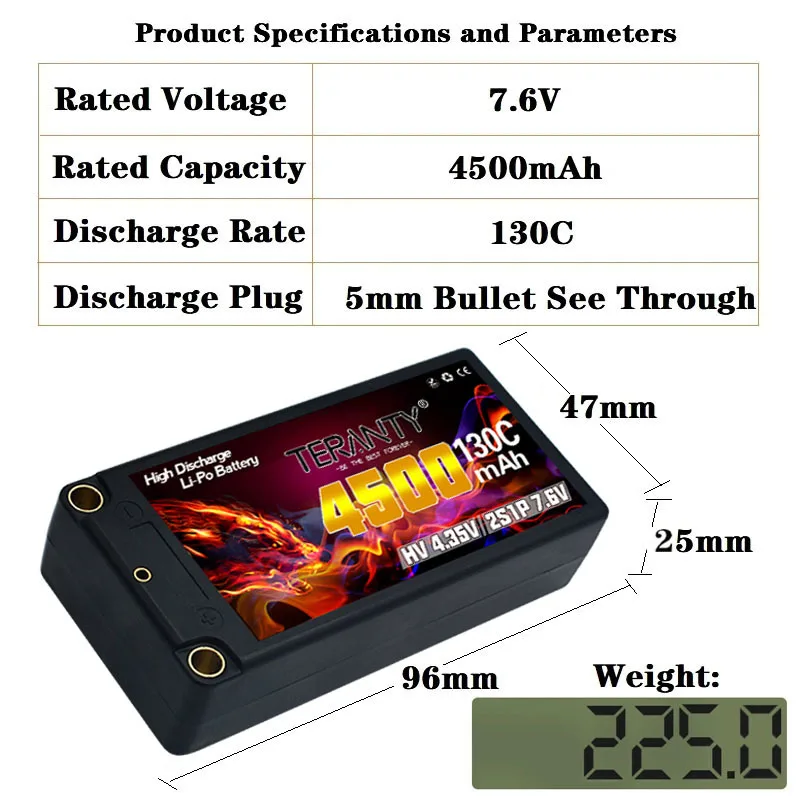 1PCS TERANTY 2S Battery 7.6V 4500mAh 130C/260C HV RC Shorty Lipo Battery with 5mm Bullet See Through for Car Truck Boat Parts rc car parts lipo battery