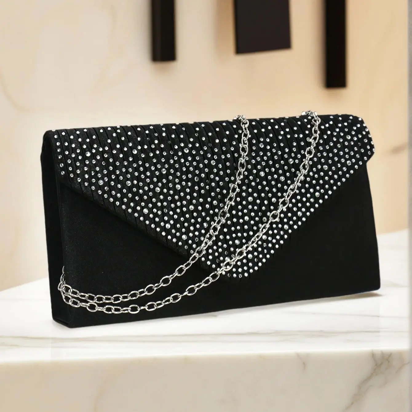 Purple Satin Evening Handbag with Rhinestones and Chain Strap