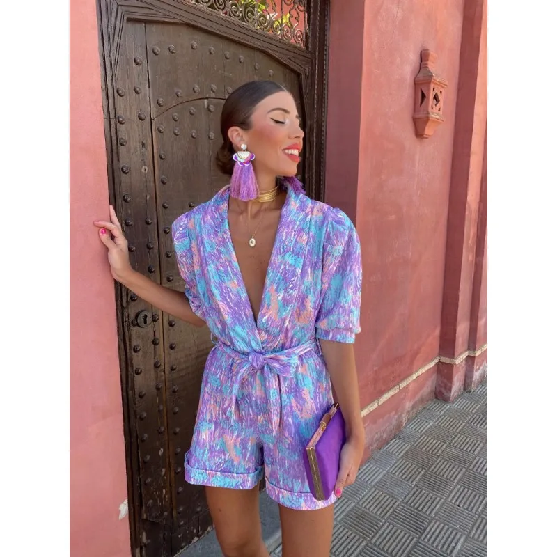 

Skinny Playsuits For Women Deep V Neck Short Sleeve Spliced High Waist Print Playsuit Female Summer 2023 Fashion Style Jumpsuits