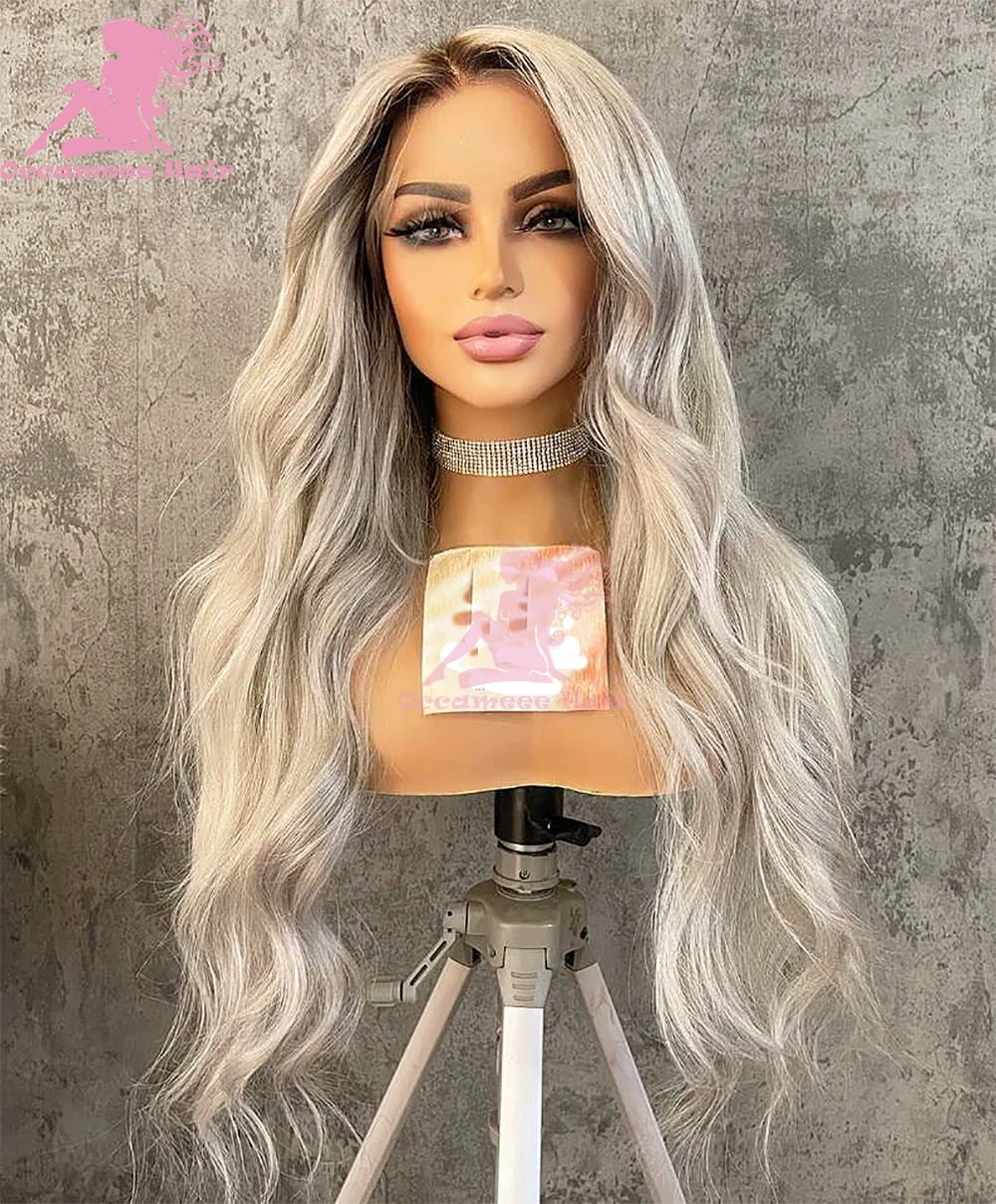 Ombre Ash Blonde Human Hair Wig Lace Front Brown Roots Natural Wave 13x6 Lace Frontal Wigs Transparent Lace Brazilian Preplucked