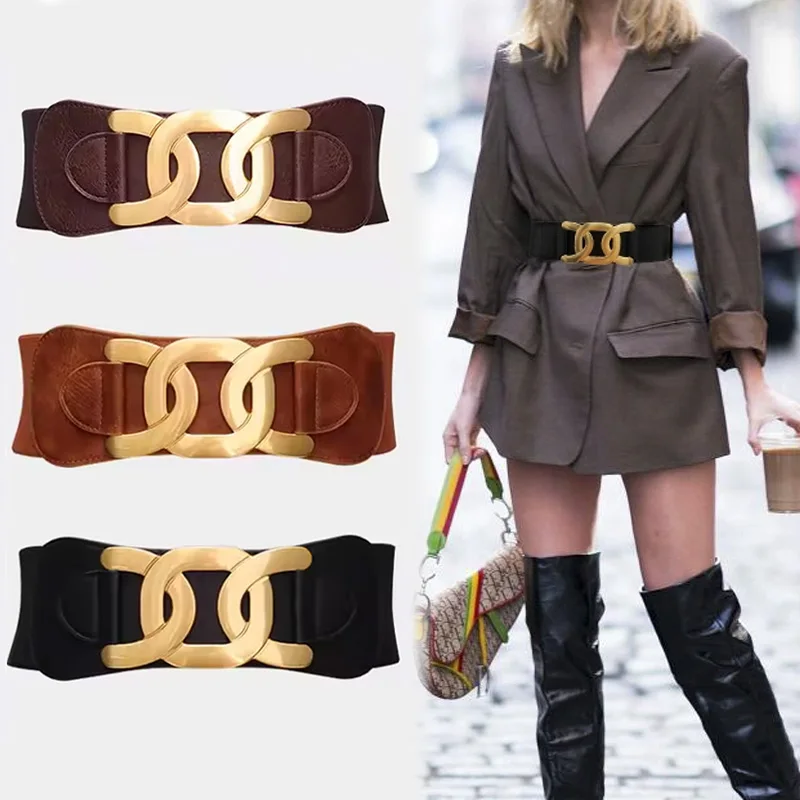 Golden Hook Buckle Elegant Women's Retro Elastic Wide Belt