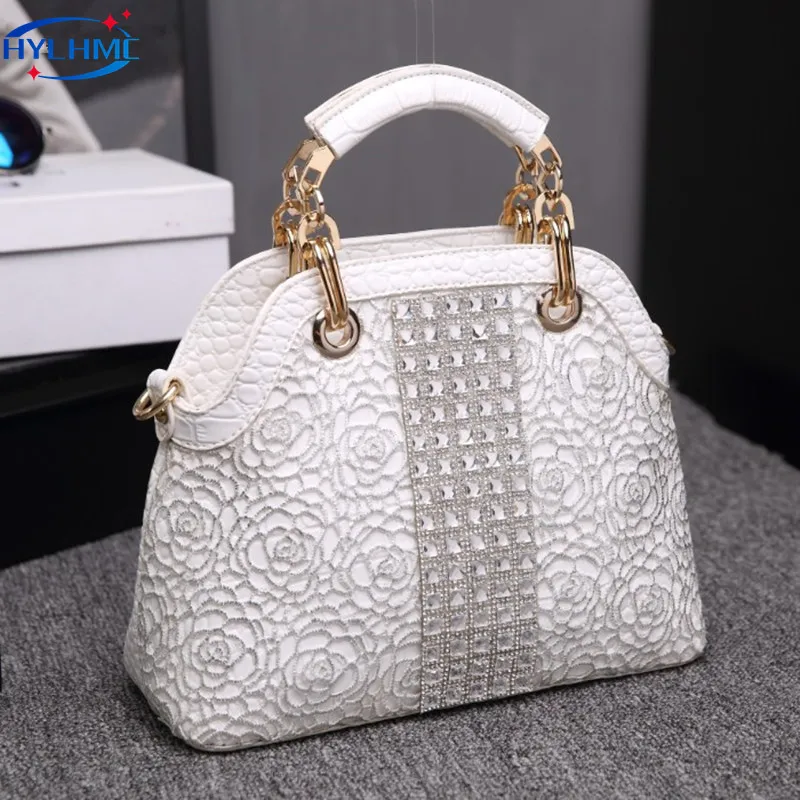 

Luxury Fashion Dismonds Women Handbags Crocodile Pattern Leather Shoulder Slung Shell Bag Ladies White Rhinestone Messenger Bags