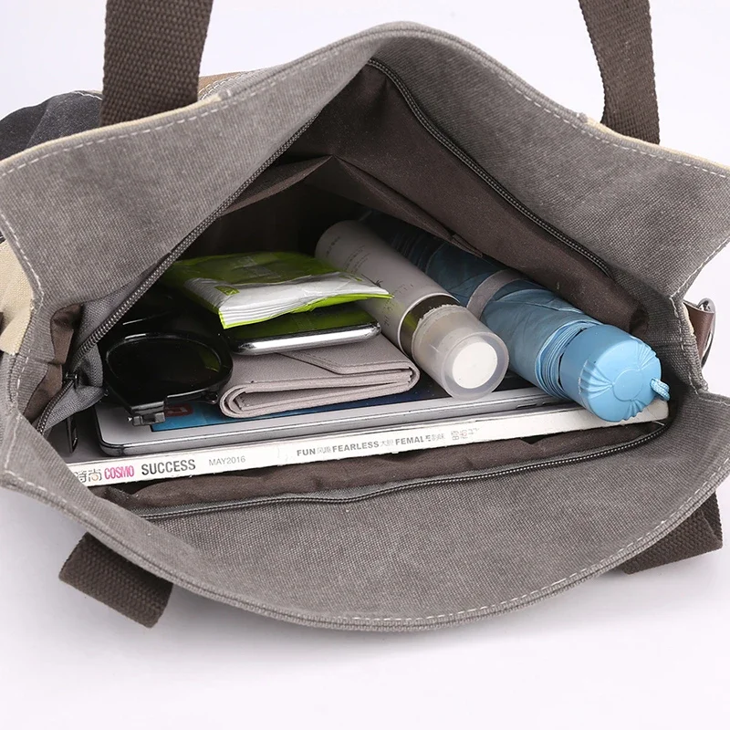 Canvas bag artistic sense high quality tote bag hard bottom spring and summer with zipper thickened wearable old contrast ladies