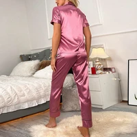 Heart Embroidery Satin Pajama Set Casual Short Sleeve Button Up Lapel Collar Top & Elastic Pants Pyjama Women's Sleepwear Pj Set - Image 2