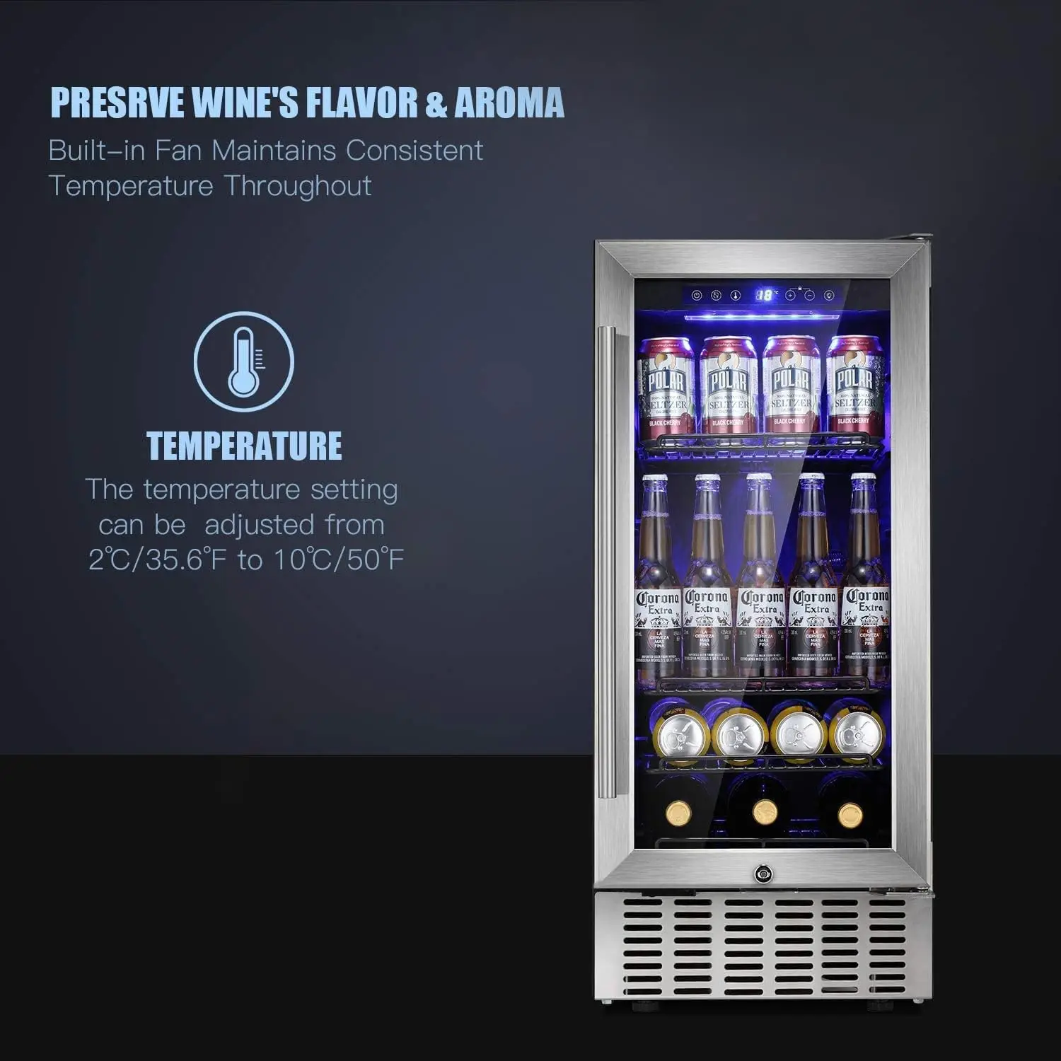 15 Inch Beverage Refrigerator Under Counter Built-in Wine Cooler Mini Fridge Clear Glass Door Digital Memory Temp
