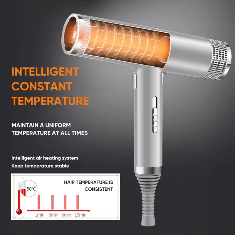 Low noise cold and hot negative ion hair dryer Intelligent temperature adjustable quick drying leafless hair dryer hair dryer
