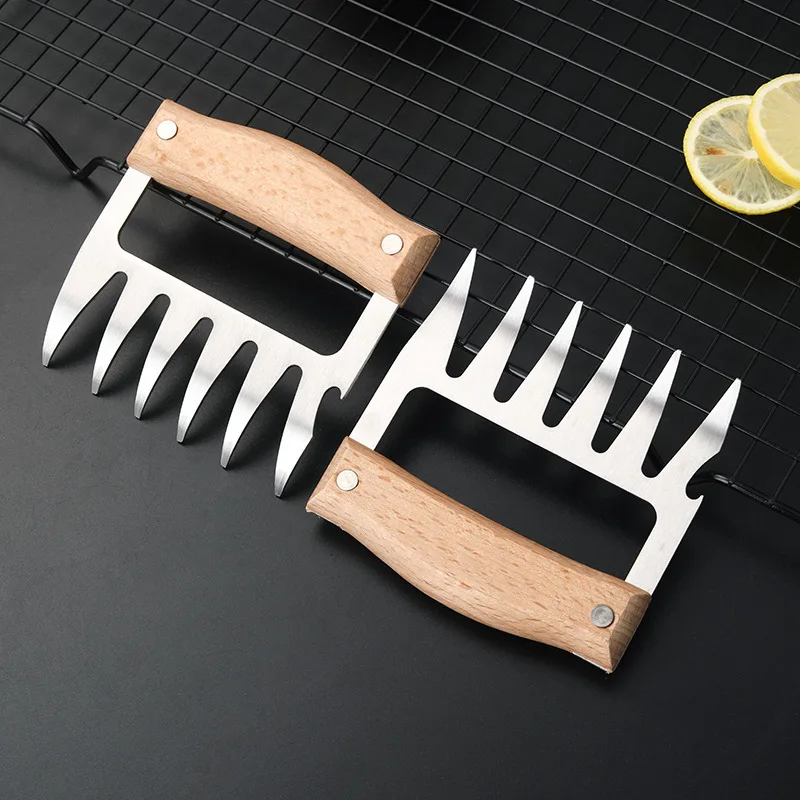 Barbecue Meat Shredder 1/2pcs Stainless Steel Wood Handle BBQ Meat Claws Bear Claws Barbecue Fork Bbq Accessories Kitchen Tool