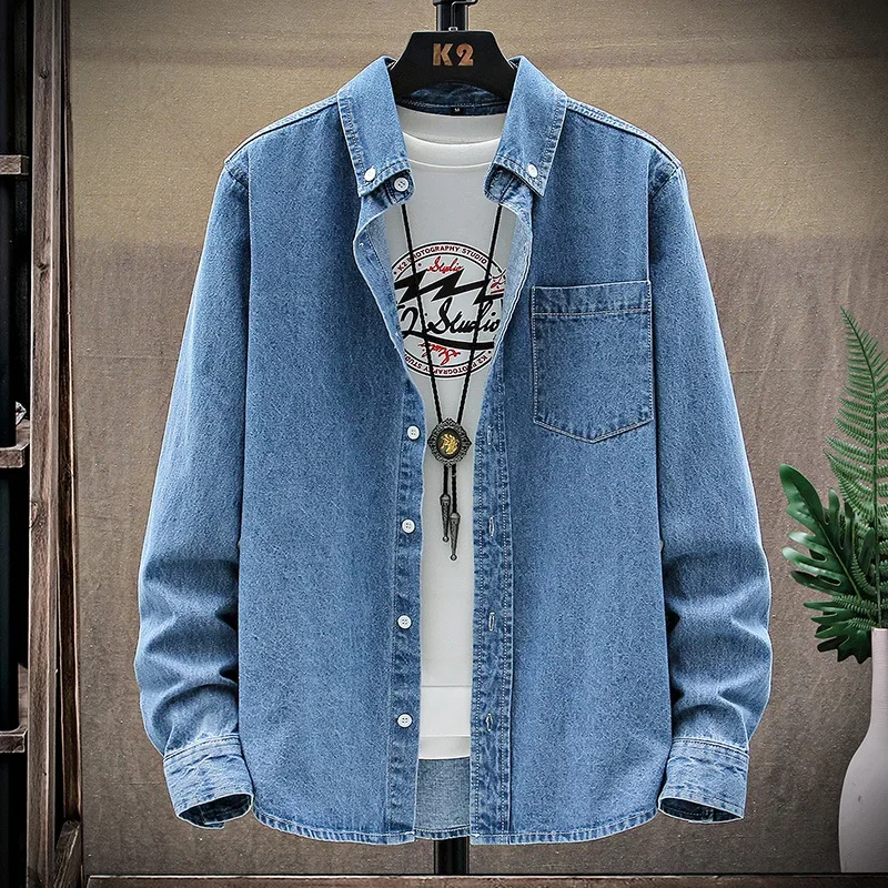 Fashion Large Cotton Denim Long Sleeved Men's Casual Large Loose Work Coat Fashion Shirt Formal Cotton Slim Men Shirt denim shirt long sleeved shirt