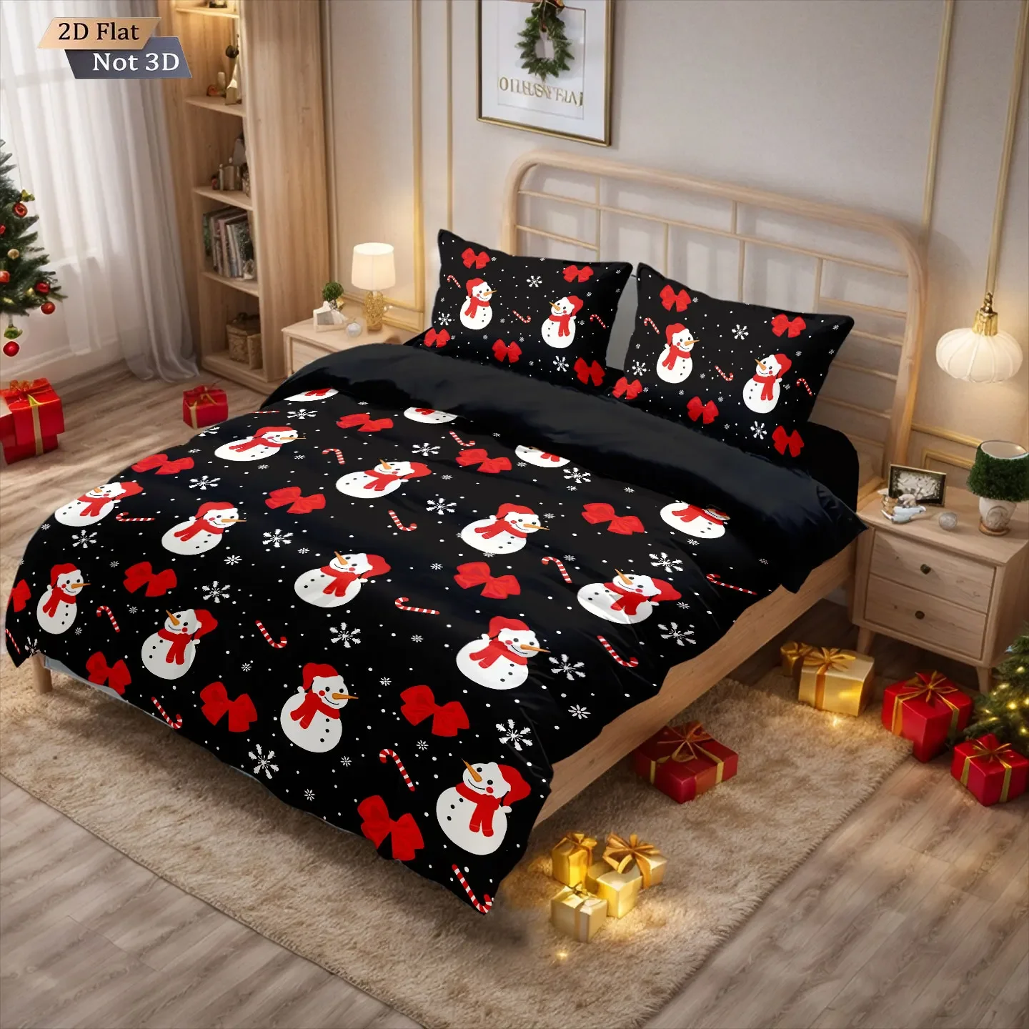 3pcs Christmas snowman printed black coreless bedding comfortable multi size bedroom dormitory duvet covers, machine washable