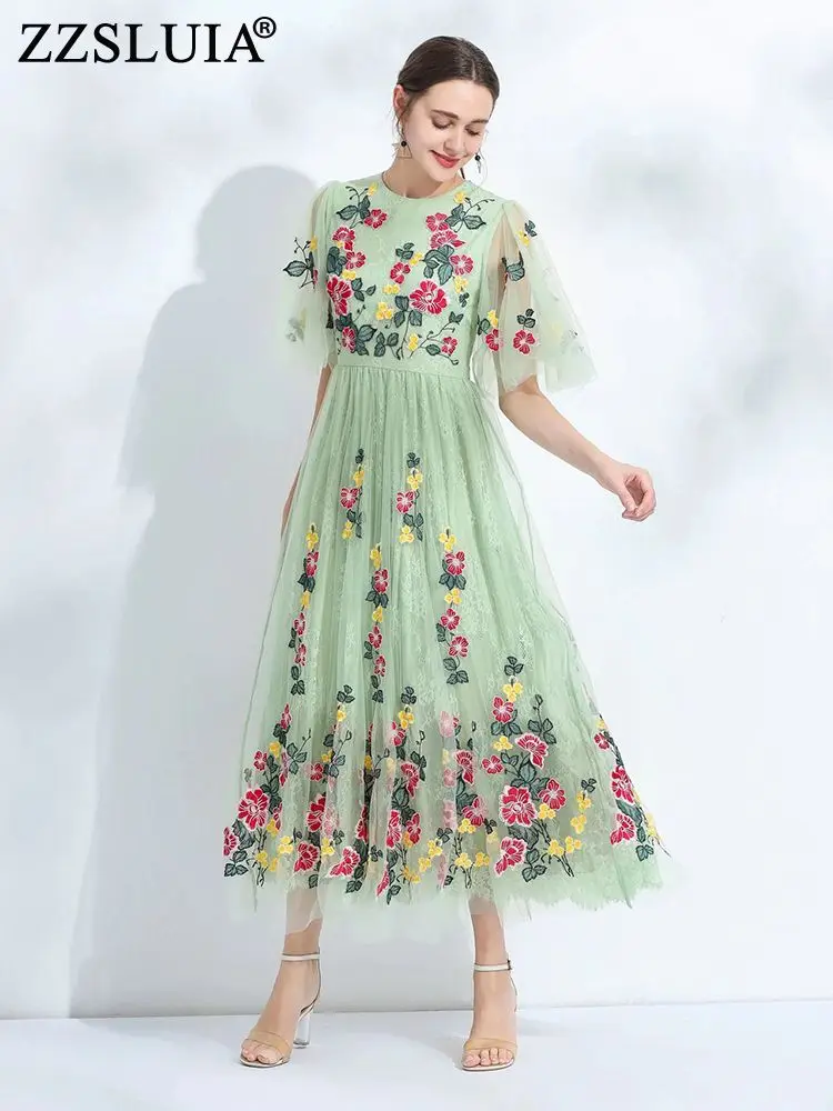 

ZZSLUIA Prom Dresses For Women Heavy Embroidery Designer Slim Mesh Long Dress Fashion Eyelash Lace Elegant Party Dresses Female