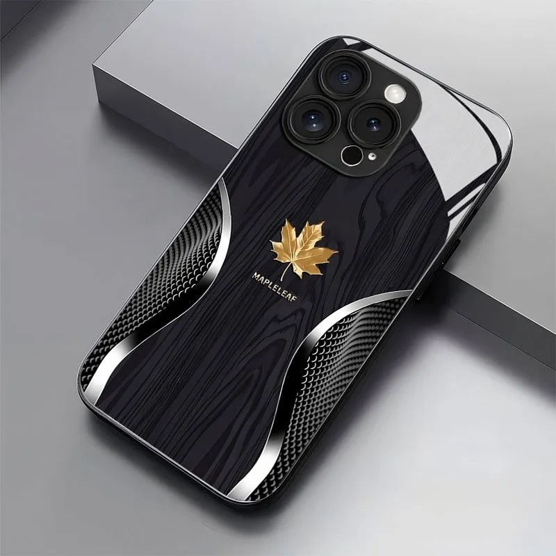 Luxury Maple Leaf Wood Grain Curve Phone Case with Glass Finish