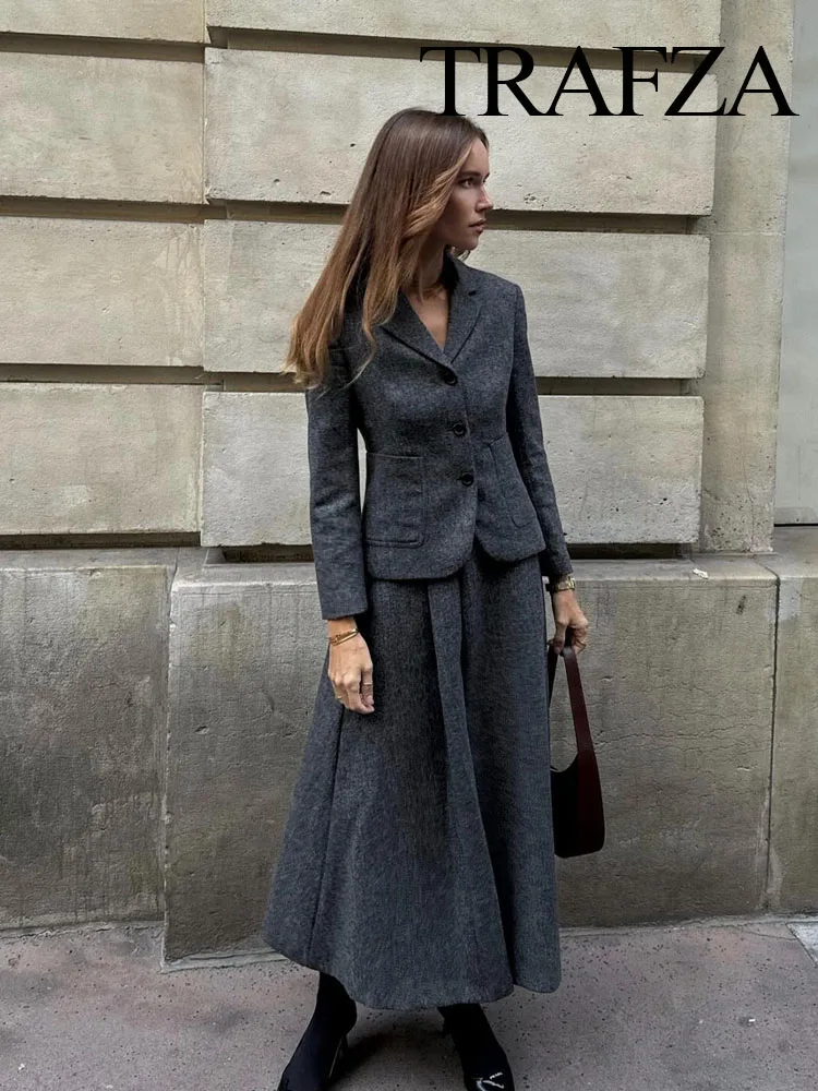 TRAFZA 2023 Autumn Women Fashion Sets Solid V Neck Tight Blazer + A Line Loose Comfortable Minimalism Style Female Long Skirt 3