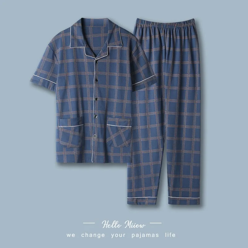 Cotton Button up Top and Pants Men's Plus Size Pajamas Loungewear Casual Simple Fashion Youth Sleepwear Homewear 2PCS Set