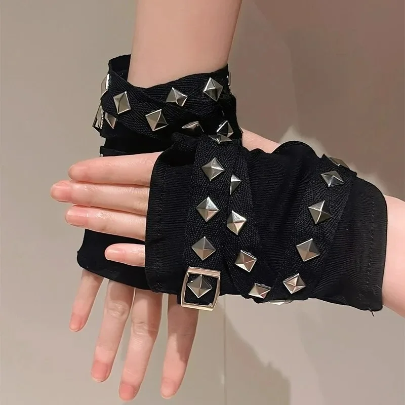 Harajuku Y2k Women Black Punk Rivet Streetwear Gloves Cool Rope Cross Fingerless Gloves Punk Gothic Short Arm Warmer Outdoors