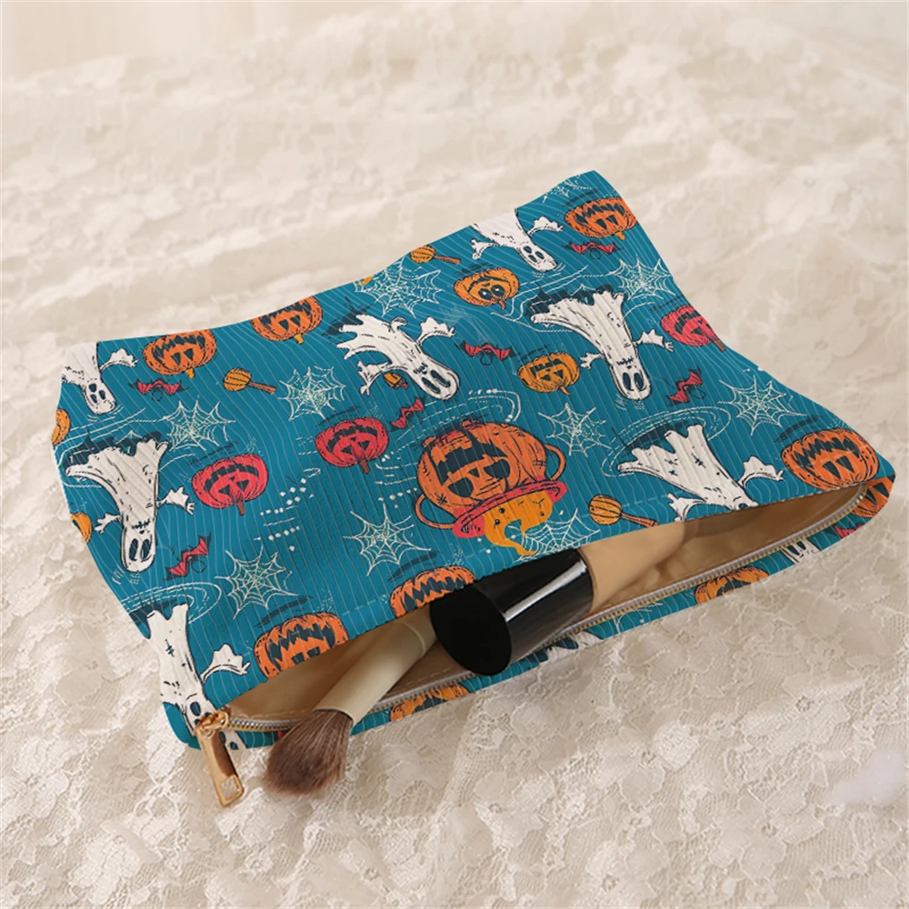 1 pumpkin and ghost patterned corduroy makeup bag, lightweight zipper makeup storage box, multifunctional bag with lining