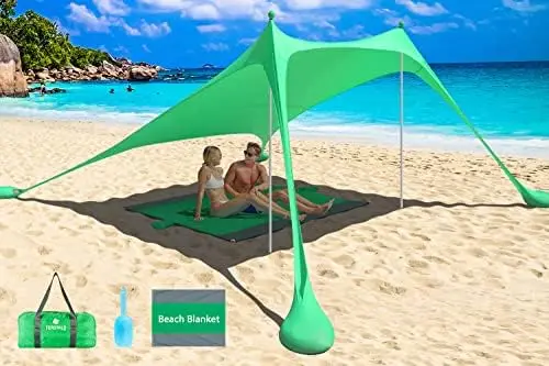 

Beach Tent Canopy Sun Shade UPF50+, 10x10 FT Anti-Wind Sun Shelter with 6 Sandbags, 4 Stability Poles, Blanket and Portable Trav