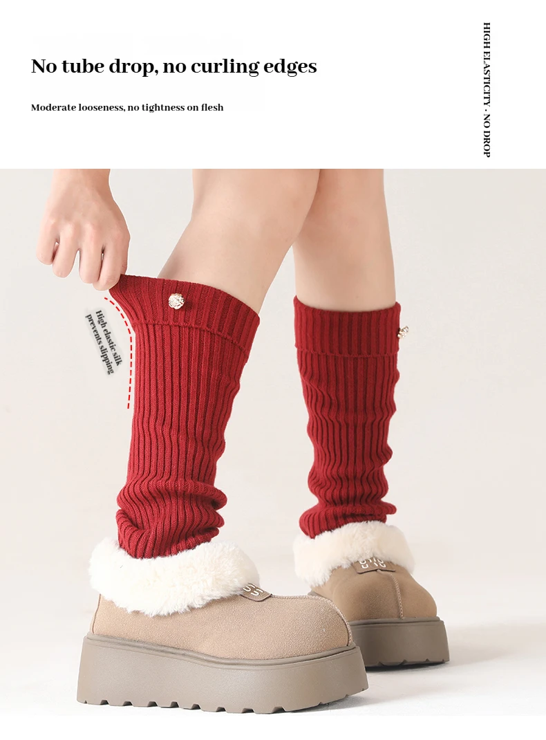 Gerippte Beinwärmer für Damen mit Deko-Knopf JK Echtwollmischung Knöchelbesatz Stiefelsocken Herbst Winter Fußabdeckung Druckfrei Y2k – Detail 3
