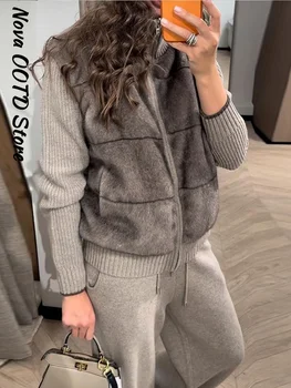 Chic Women's Faux Fur Patchwork Coat Pants Set Zipper Long Sleeve Knitted Top Wide Leg Pant 2026 Spring Lady Casual Outfits New 1