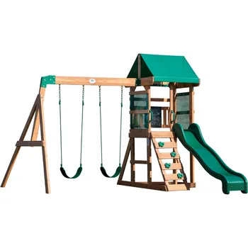 Buckley Hill Cedar Wood Swing Set with Wave Slide, Play Deck, Rock Wall Ladder, Belt Swings, Chalkboard, Canopy Roof, Outdoor P 1