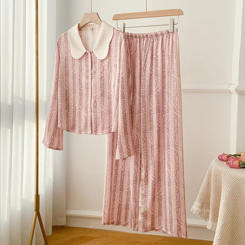 

Elegant Pajamas 2PCS Suit Silky Rayon Home Clothes Female Long Sleeve Sleepwear Elastic Waist Trousers Pyjamas Set Nightwear