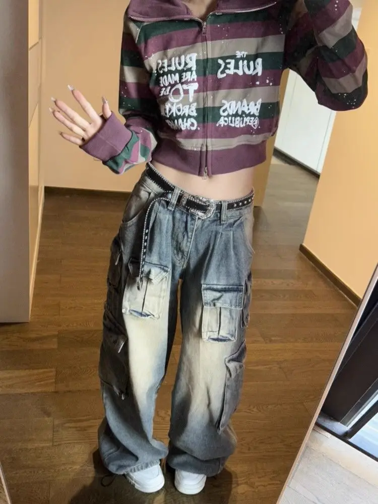 HOUZHOU Grunge Distressed Baggy Tooling Jeans Women High Street Y2K Multy Pockets Denim Cargo Pants Oversize  Wide Leg Trousers