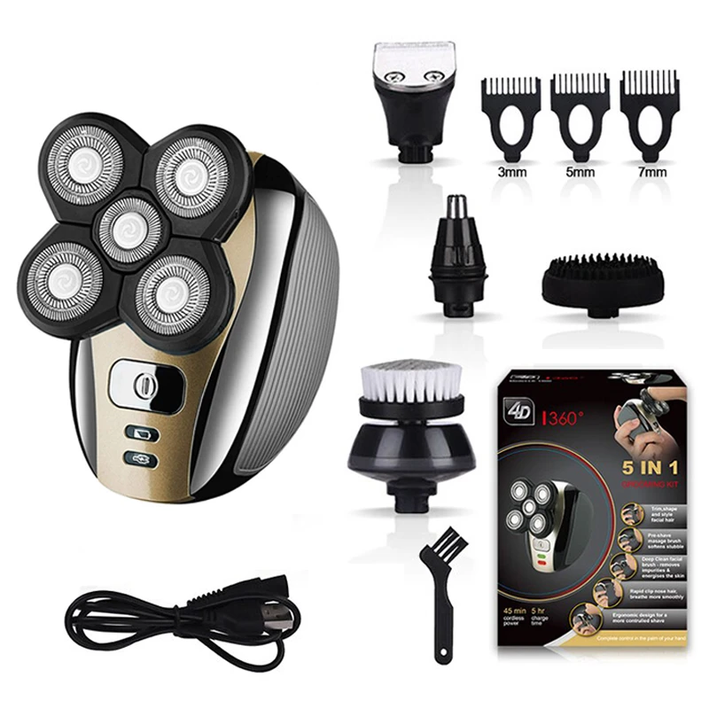 Rasoir Électrique Rechargeable 4D 5 en 1 pour Homme, Accessoire avec 5 Têtes Flottantes, Nettoyage de la Barbe, du Nez, des Oreilles et des Cheveux, Brosse Faciale