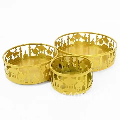 

Gold Metal Food Trays Table Ornament 3pcs Ramadan Decor Eid Mubarak Islamic Muslim Festival Party Decoration Supplies 2022 Gift