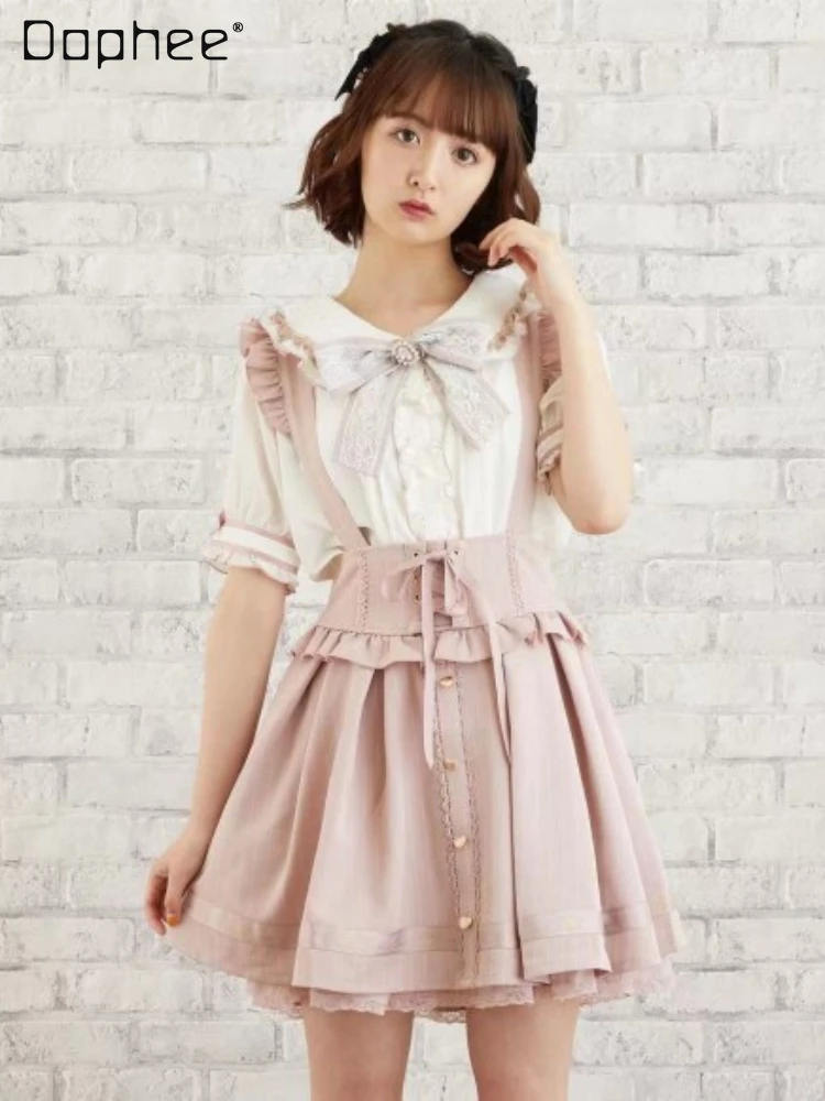 Japanese Style Kawaii Woman Letter Short Suspender Skirt 2023 Fall New Lolita Ladies Ribbon Bow Mine Series Short Strap Skirts lolita dearmylove pleat suspender skirt ladies 2023 spring and summer new japanese style sweet inner wear short skirts for women