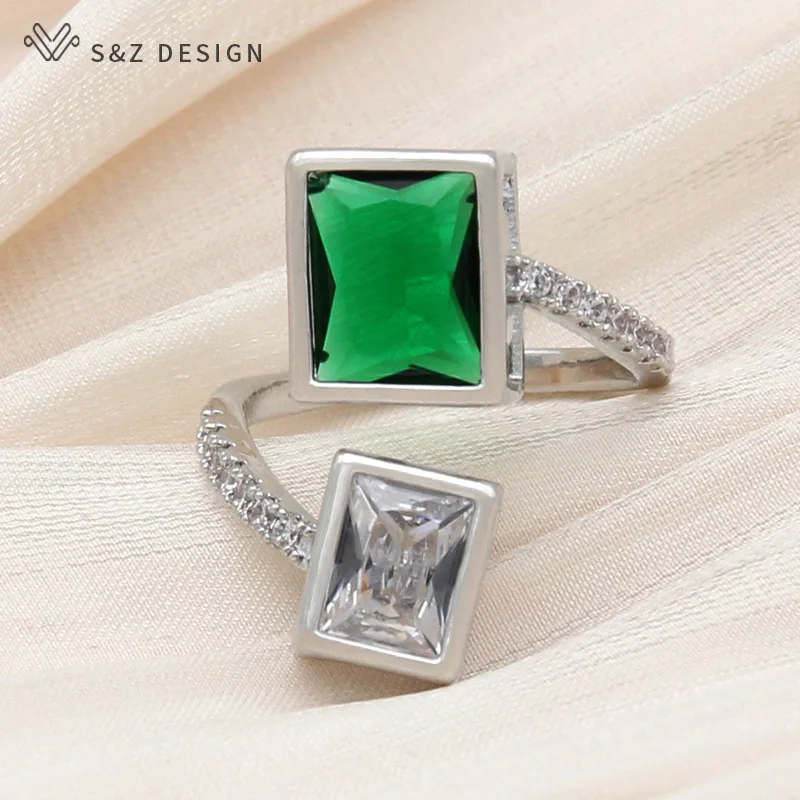 S&Z DESIGN New Fashion 585 Rose Gold Color Rectangle Cubic Zirconia Resizable Rings For Women Wedding Party Jewelry Gift