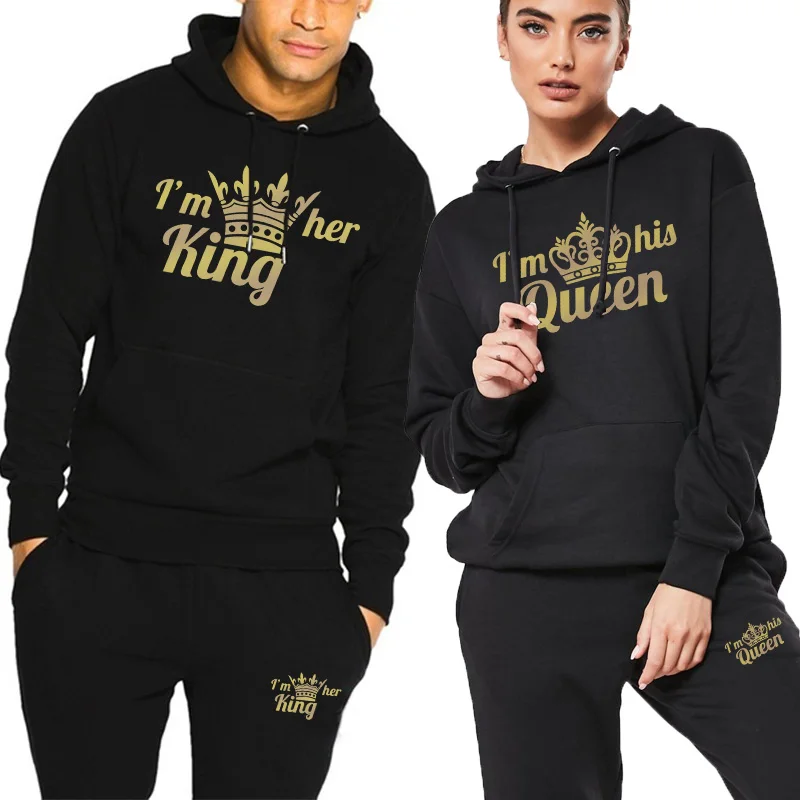 Lover Tracksuit King or Queen Pirnted Hooded Sweatshirts and Jogger Pants 2Pieces Set Classic Fashion Casual Couple Sportswear