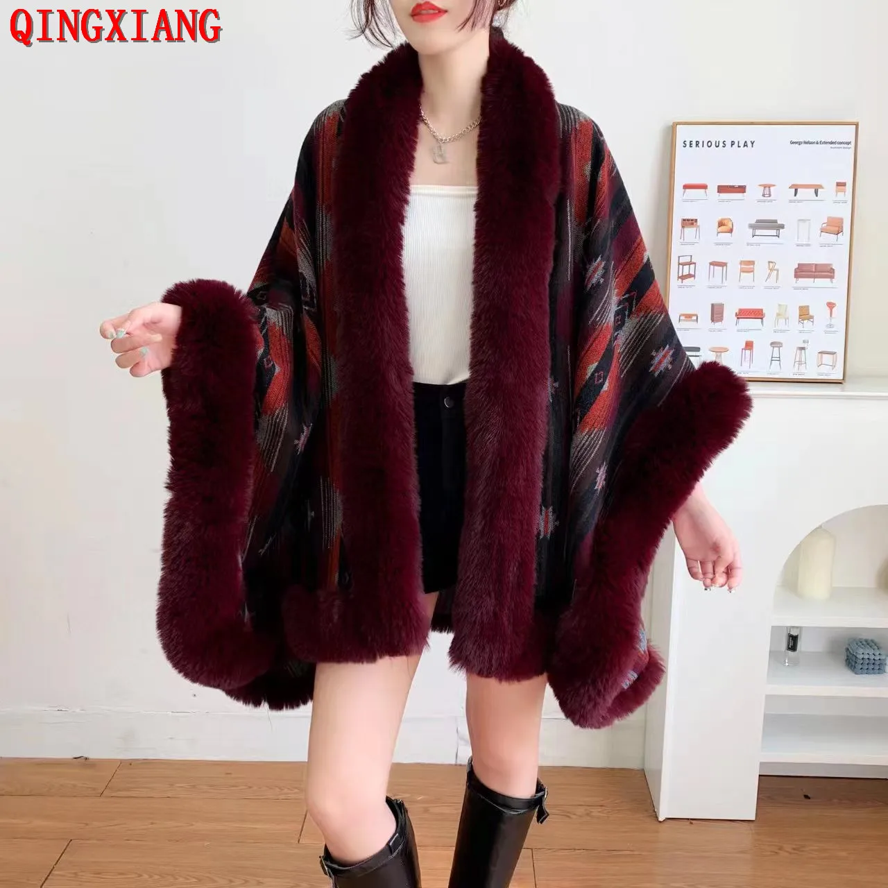 2022 Women Winter Thick Warm Printed Shawl Outer Wear Batwing Sleeves Cloak Faux Woolen Rabbit Fur Big Collar Loose Capes Coat women faux fur ivory bolero white bridal capes cloak winter autumn elegant wedding wrap shawl bride jacket coat accessories