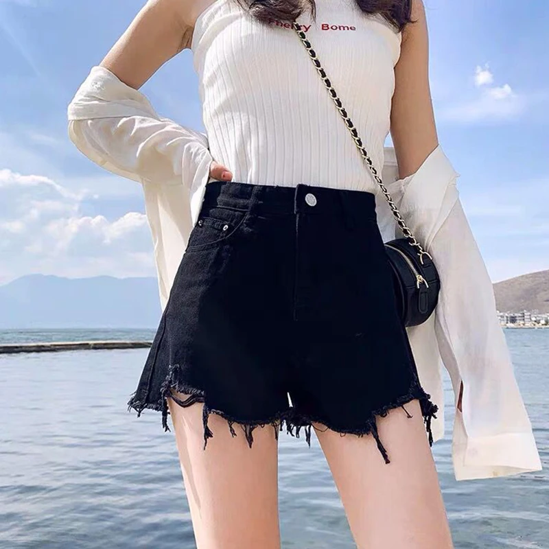 Summer Streetwear Y2K Trend Fashion Wide Leg Hole Short Jeans Female High Waist All-match A-line Denim Shorts Women's Clothing
