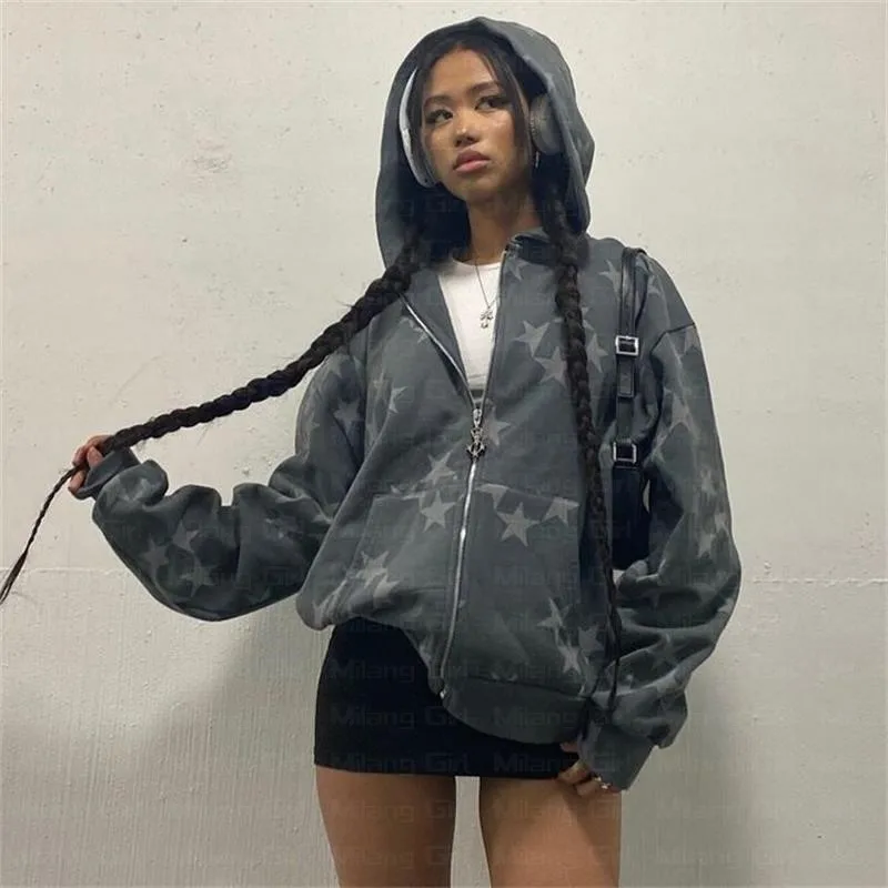  NIGEIYEME Unisex Y2K Star Graphic Zip Up Hoodie, Retro Harajuku  Goth Graffiti Streetwear Top Jacket for Teens Boys Girls : Clothing, Shoes