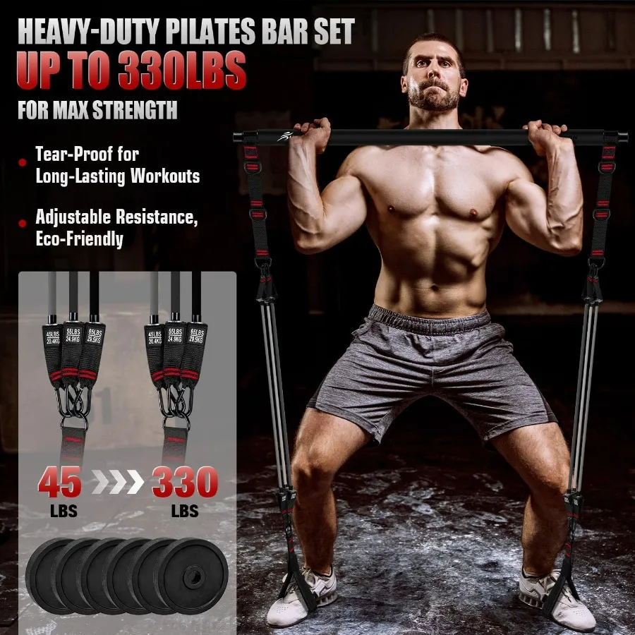 Pilates Bar Kit with Resistance Bands, Heavy Duty Multifunctional Pilates Workout Equipment for Strength Training, HIPS, Back, A