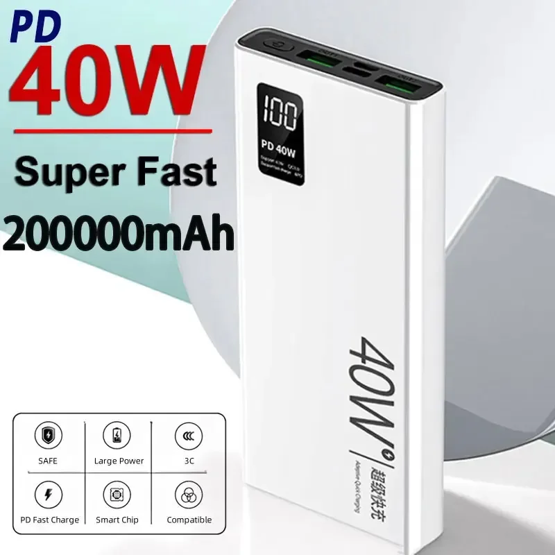 

PD40W Super Fast Charging Power Bank Portable 200000mAh Digital Display External Battery Charger For IPhone Xiaomi Huawei QC3.0