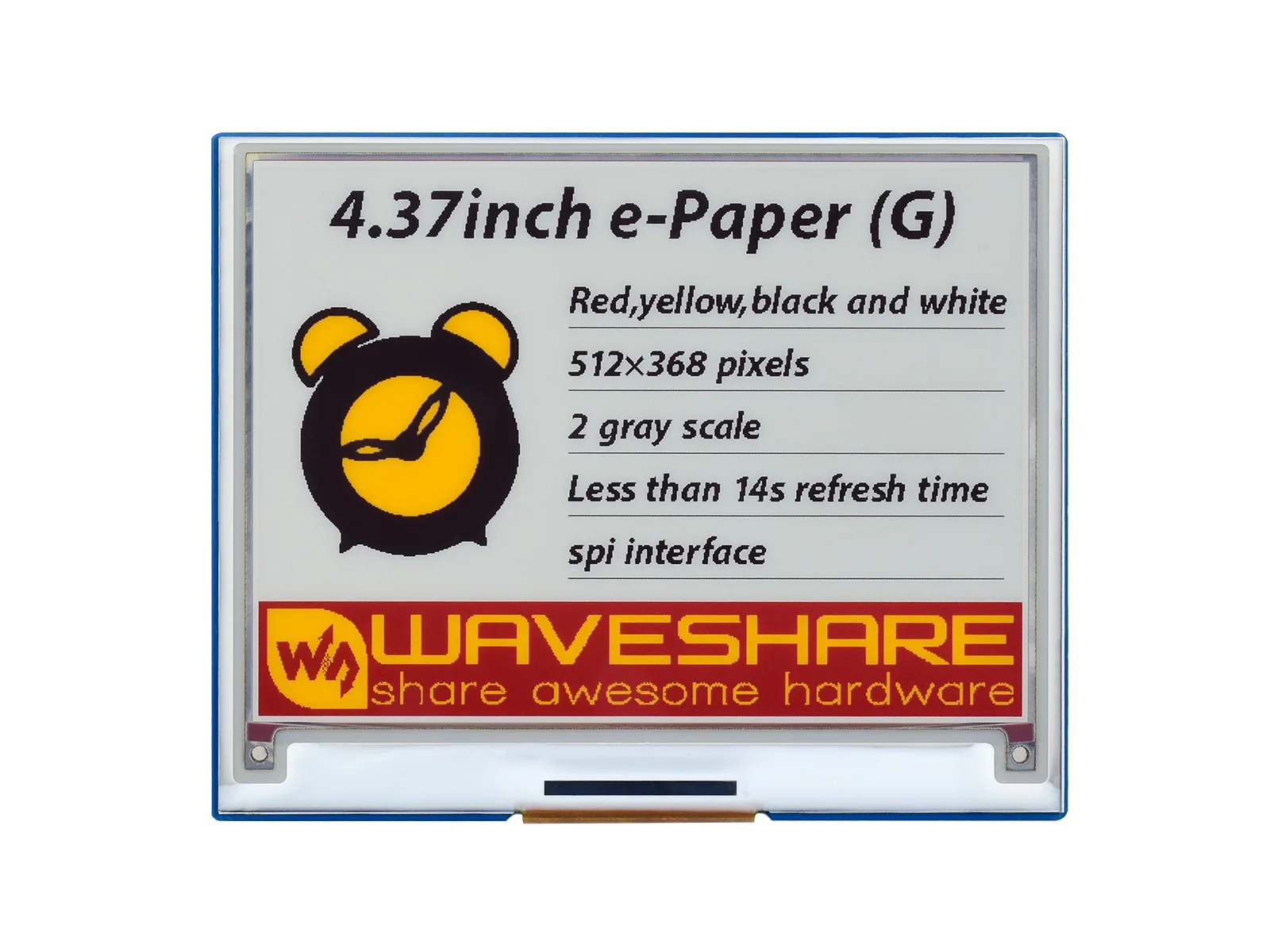 

Waveshare 4.37inch E-Paper Module (G), 512 × 368, Red/Yellow/Black/White Low Power, Wide Viewing Angle, Paper-Like