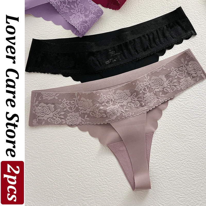 

2PCS/Set Seamless Smooth Women Panties Lace Side Thongs No-Show Scallop Hiphugger G-string Low Rise Solid Color Underwear Female