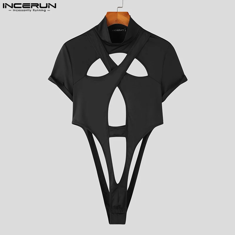 Men Bodysuits Men Jumpsuits Men Lingerie Fashion Men's Homewear Jumpsuits INCERUN Symmetric Hollow Design Short Sleeve Half High Neck Solid Triangle Bodysuits S-5XL