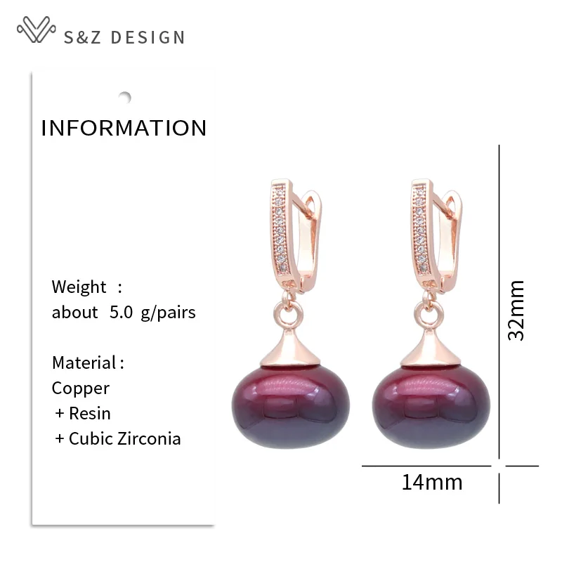 S&Z DESIGN New Fashion Elegant Wine Red Round Beads Dangle Earrings For Women Wedding Party 585 Rose Gold Color Jewelry Gift