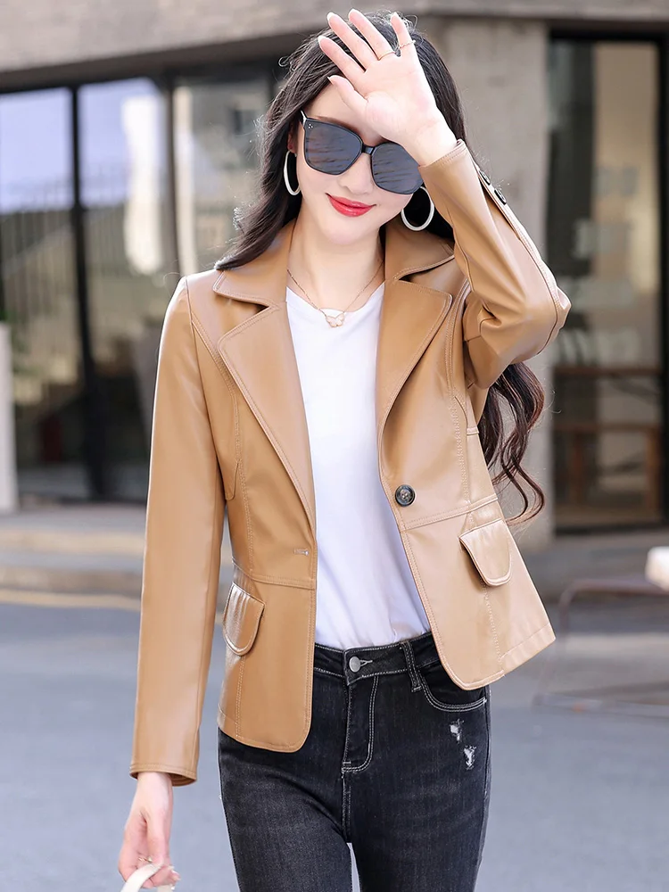 New Women Sheepskin Blazer Spring Autumn Fashion Classic Single Button Slim Leather Coat Casual Basics Split Leather Jacket