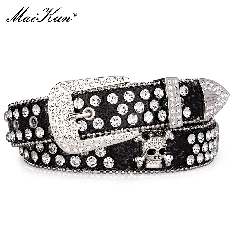 

Maikun Bb Black Rhinestone Bling Belt Cowgirl & Cowboy Belt With Sparkly Simon Diamond Belt For Men Western Head Skull Buckle