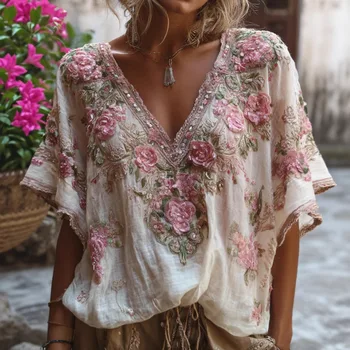 New Summer Women's V-neck T-shirt Floral Print Pastoral Fashion Simple Pullover Half-sleeved Basic Top for Female 1